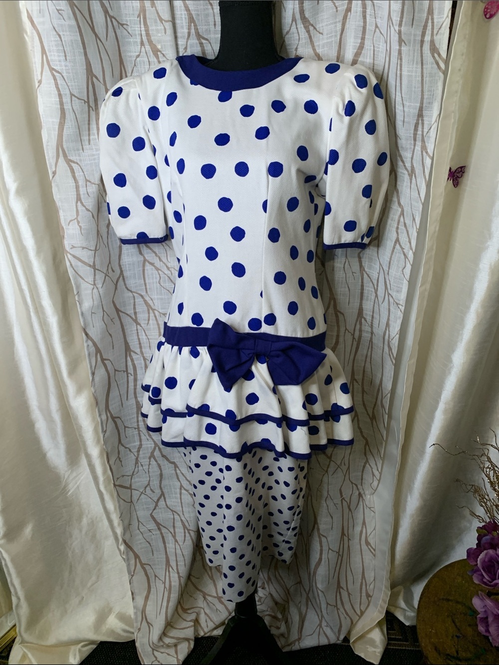 Girls White and Blue Polka Dot Pajama Set with Ruffled Peplum